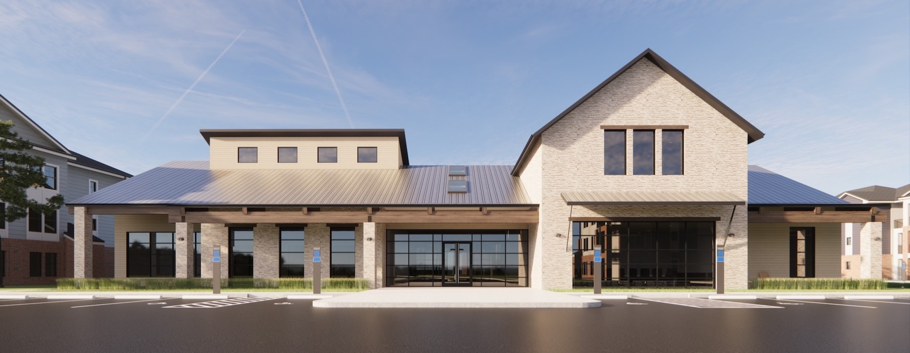 a building with a parking lot