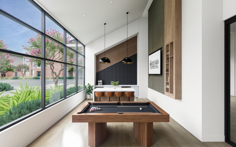 a clubroom with a pool table