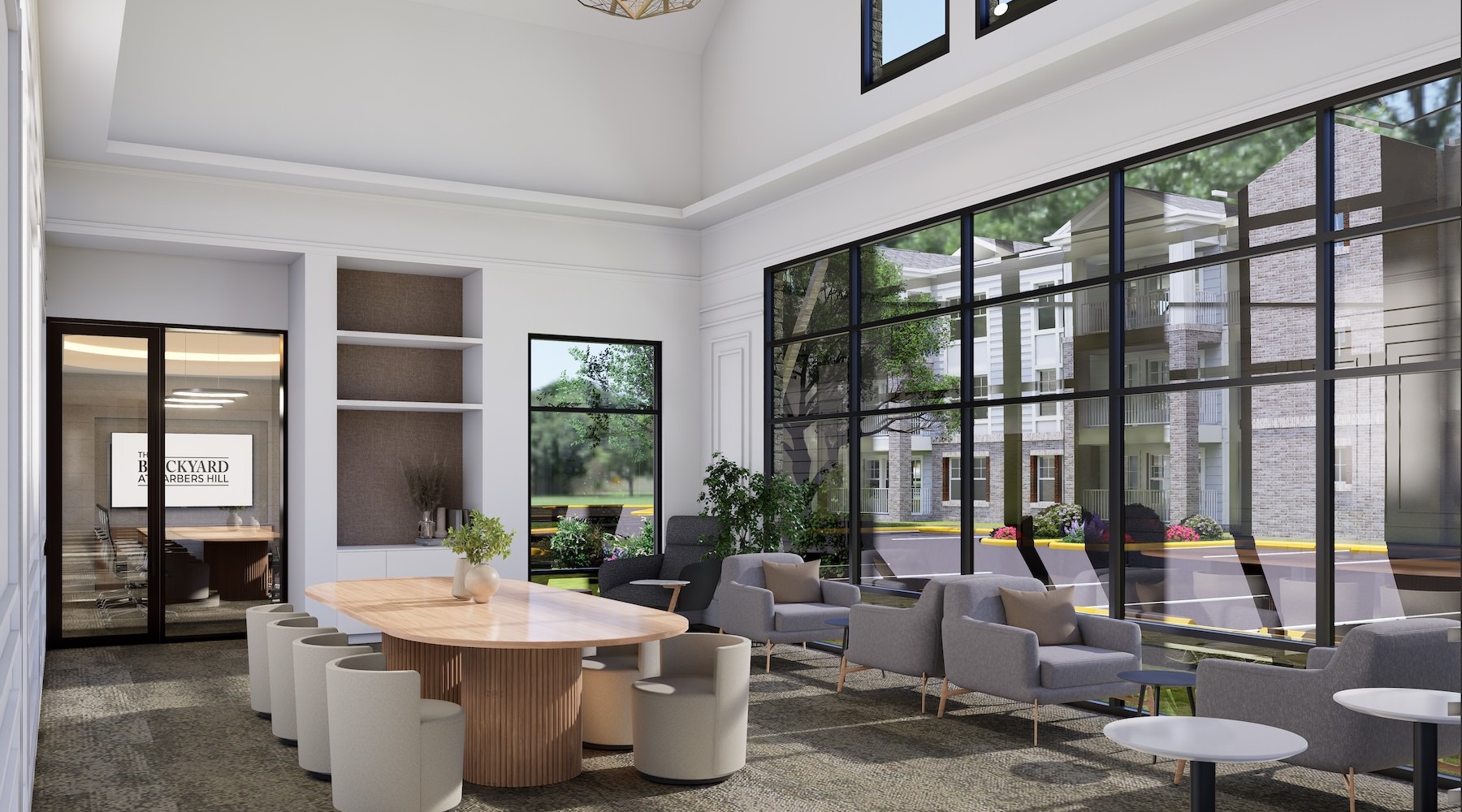 a clubroom with a table and chairs