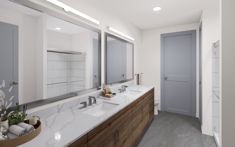 a bathroom with a large sink and mirror